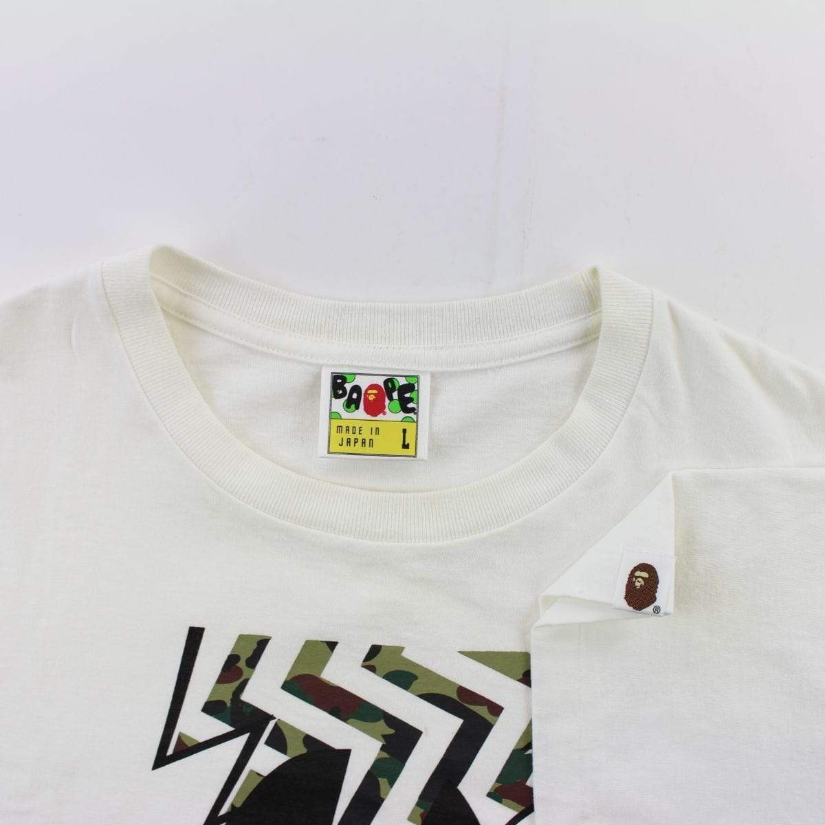 Bape 1st Green Camo Lightning Big Ape Logo Tee White - SaruGeneral