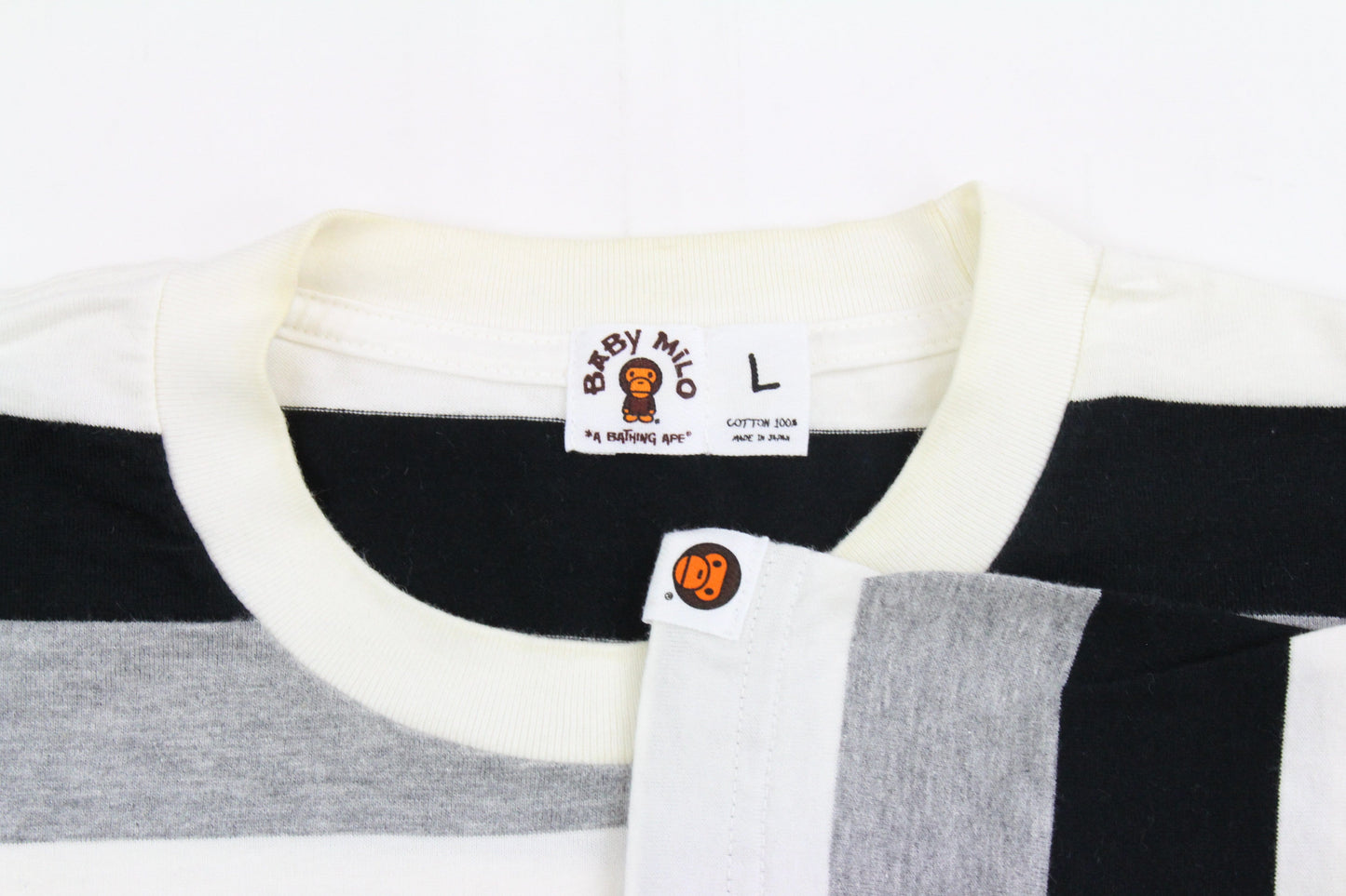 Bape Milo Headlogo Striped Black Grey White Tee - SaruGeneral