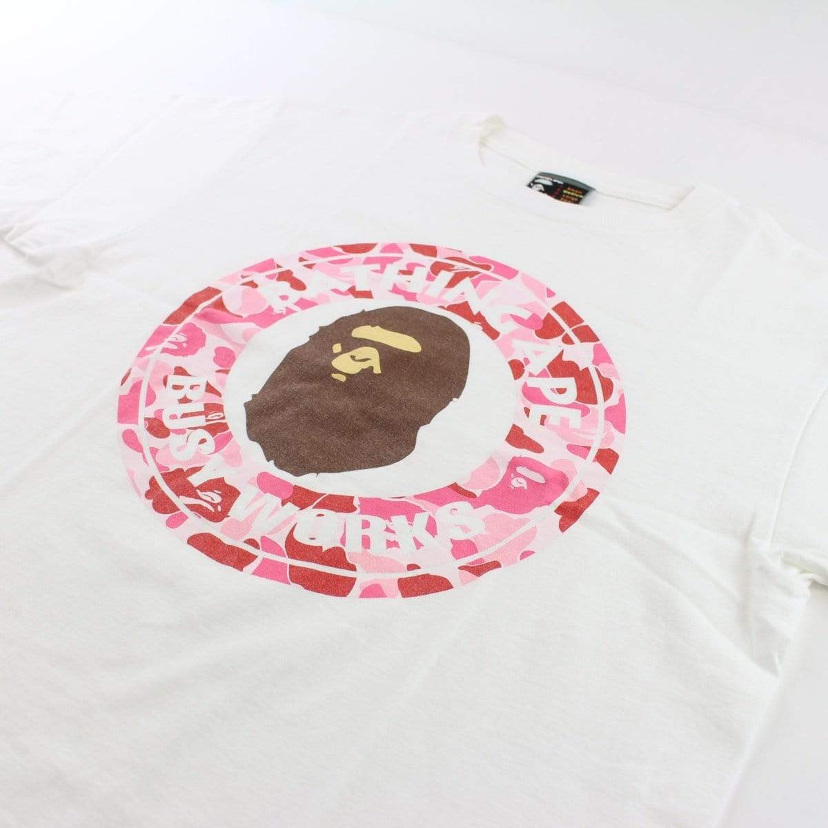 Bape Pink Camo Busy Works Logo Tee White - SaruGeneral
