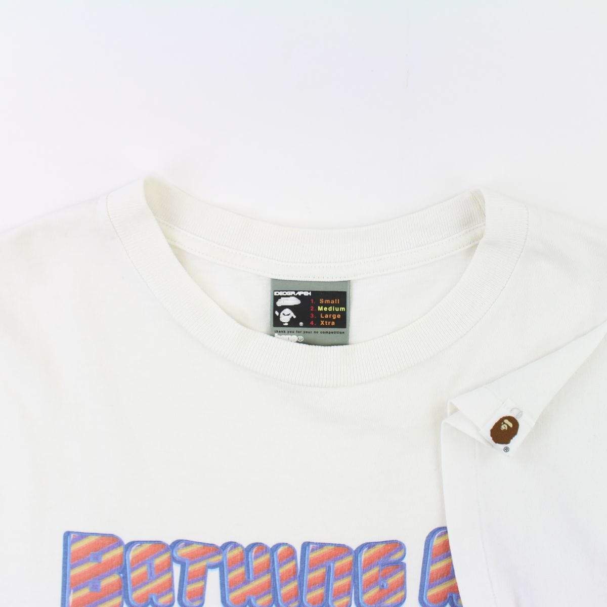 Bape Red & Yellow Stripe Text Tee White - SaruGeneral