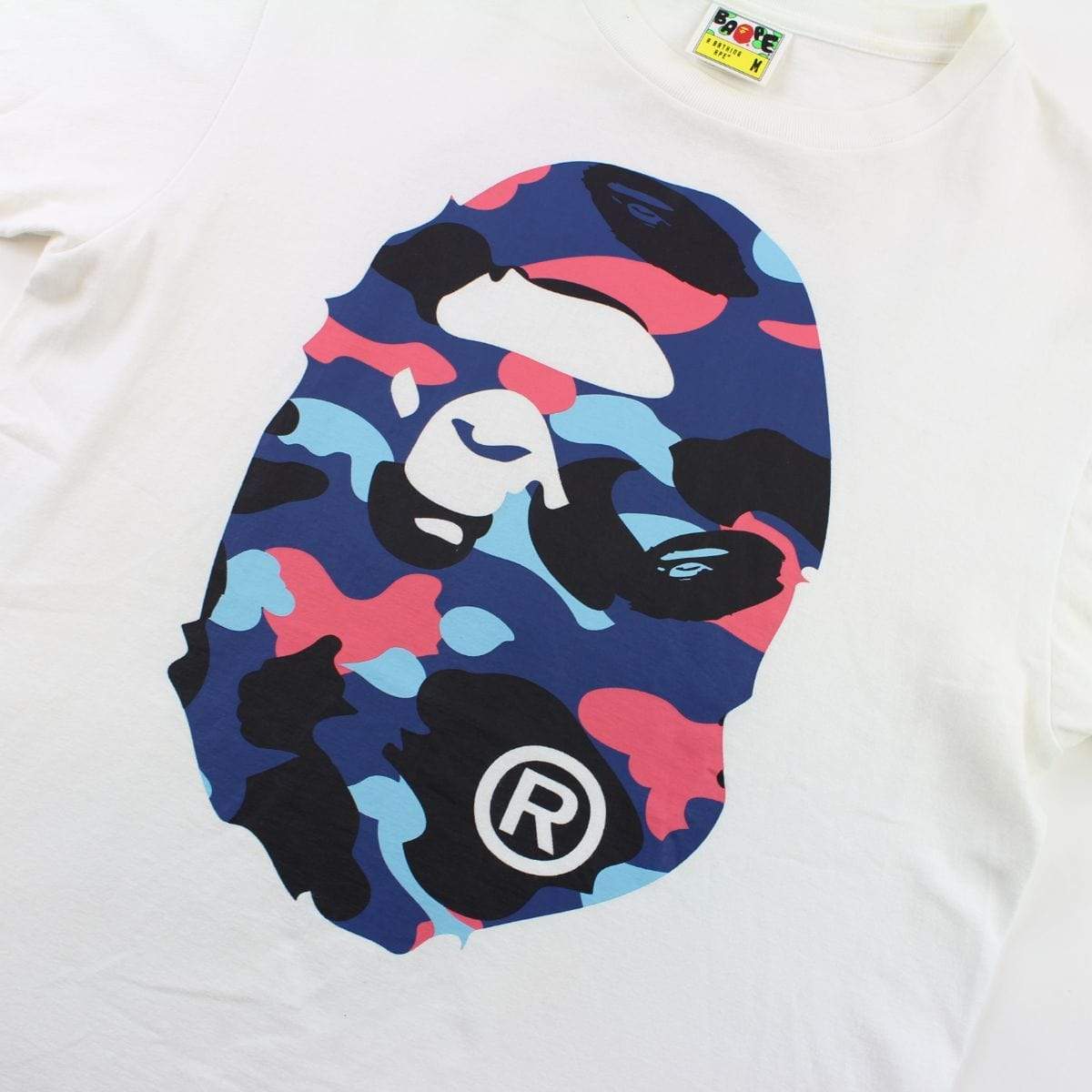 Bape Salmon & Blue Camo Big Ape Logo Tee White - SaruGeneral