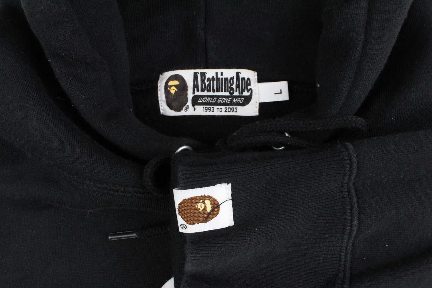 Bape White Ape Text Logo Hoodie Black - SaruGeneral