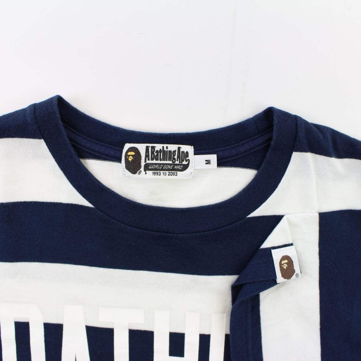 Bape White Bathing Ape Text Striped Navy Tee White - SaruGeneral