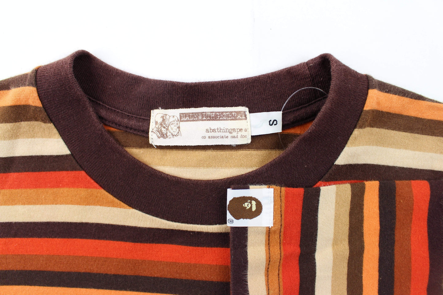 Bape White College Logo Brown-Orange Striped Tee - SaruGeneral