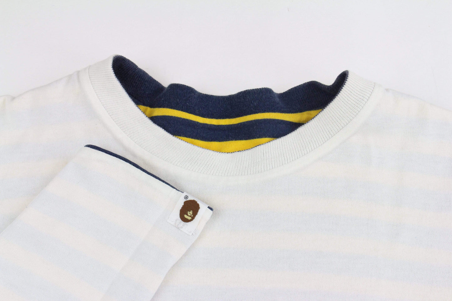 Bape Yellow & Navy Striped LS Reversible Tee - SaruGeneral