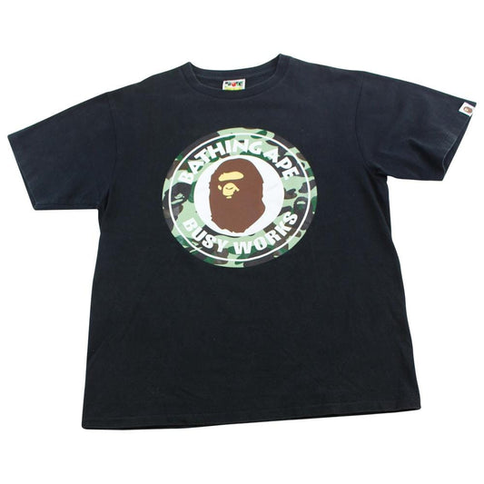 Bape 1st Green Camo Busy Works Logo Tee Black - SaruGeneral
