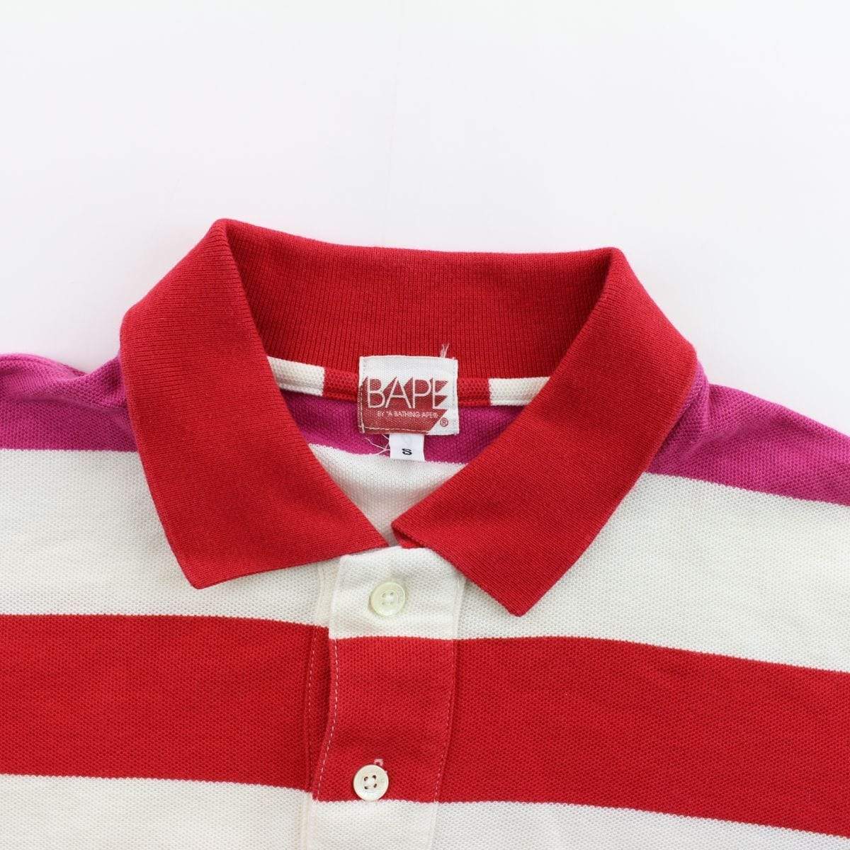 Bape Point Head Logo Striped Polo Shirt Pink White Red - SaruGeneral