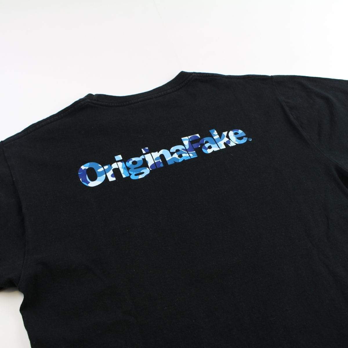Bape x Original Fake x Kaws Blue Camo College Logo Tee Black - SaruGeneral