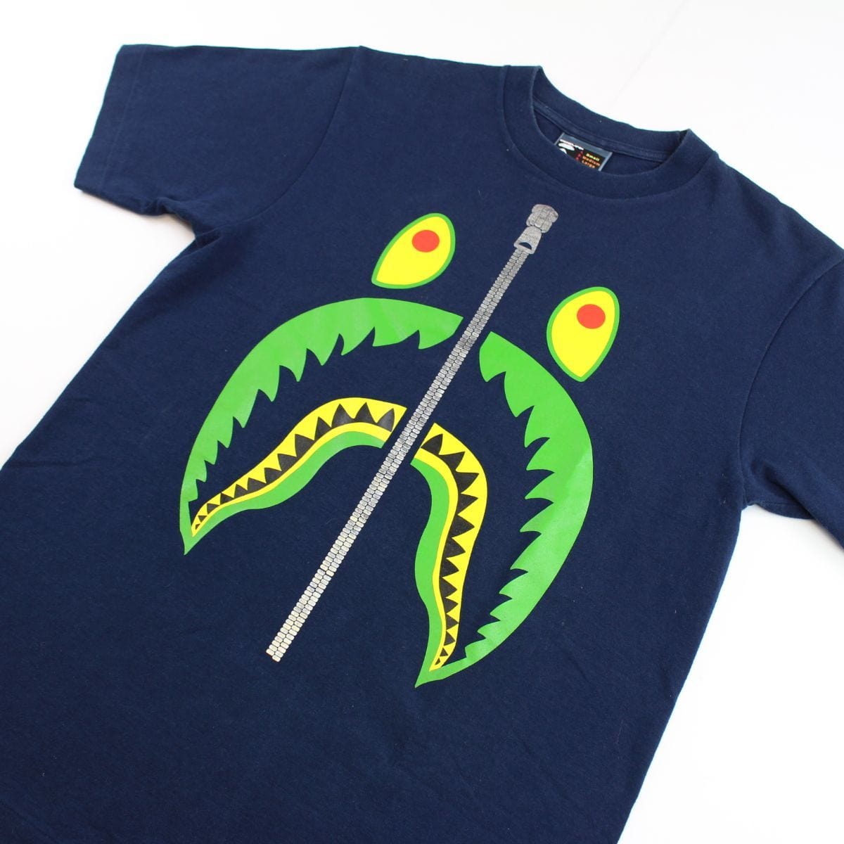 Bape Green & Yellow Shark Face Tee Navy - SARUUK