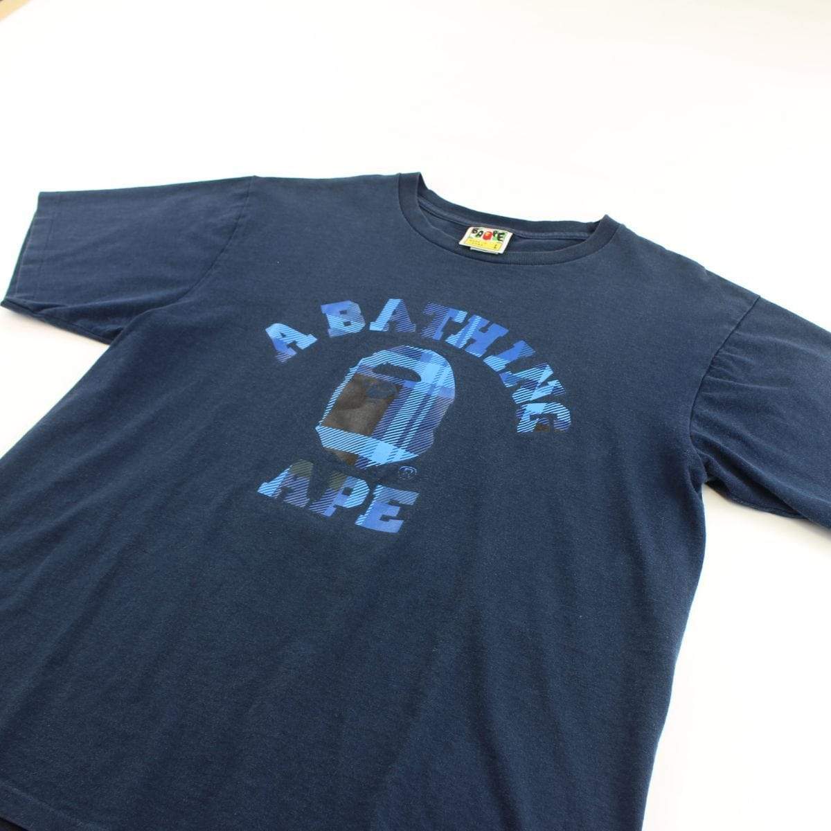 Bape Blue Plaid College Logo Tee Navy - SaruGeneral
