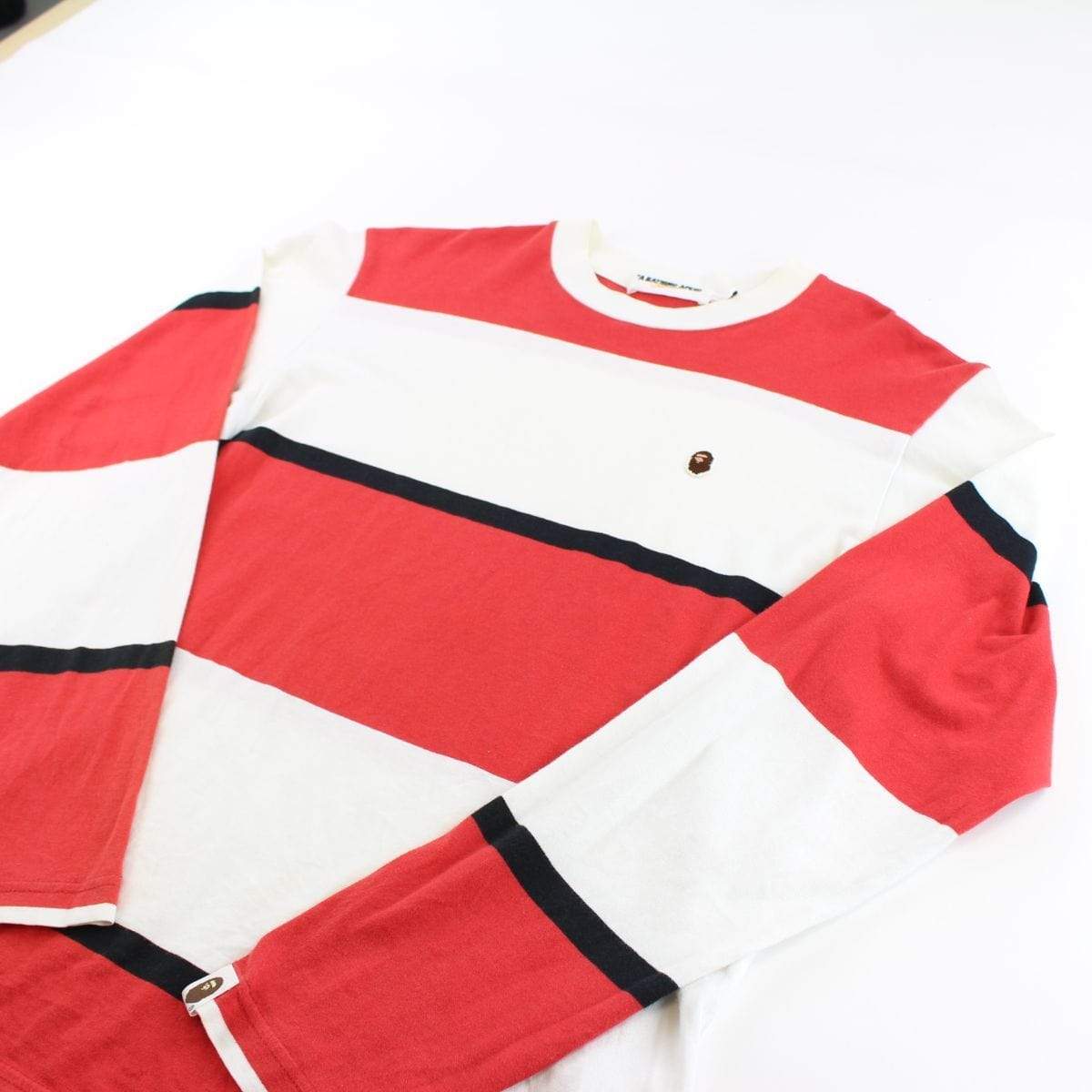 Bape Small Ape Logo Striped LS Red White Black - SaruGeneral