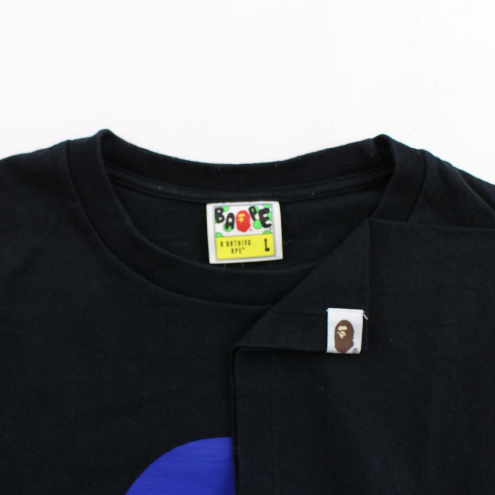 Bape Blue Yellow Gradient Flame Text Big Ape Logo Tee Black - SaruGeneral