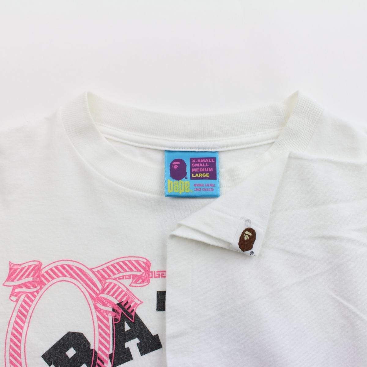 Bape Black College Logo Pink Ribbon Tee White - SaruGeneral