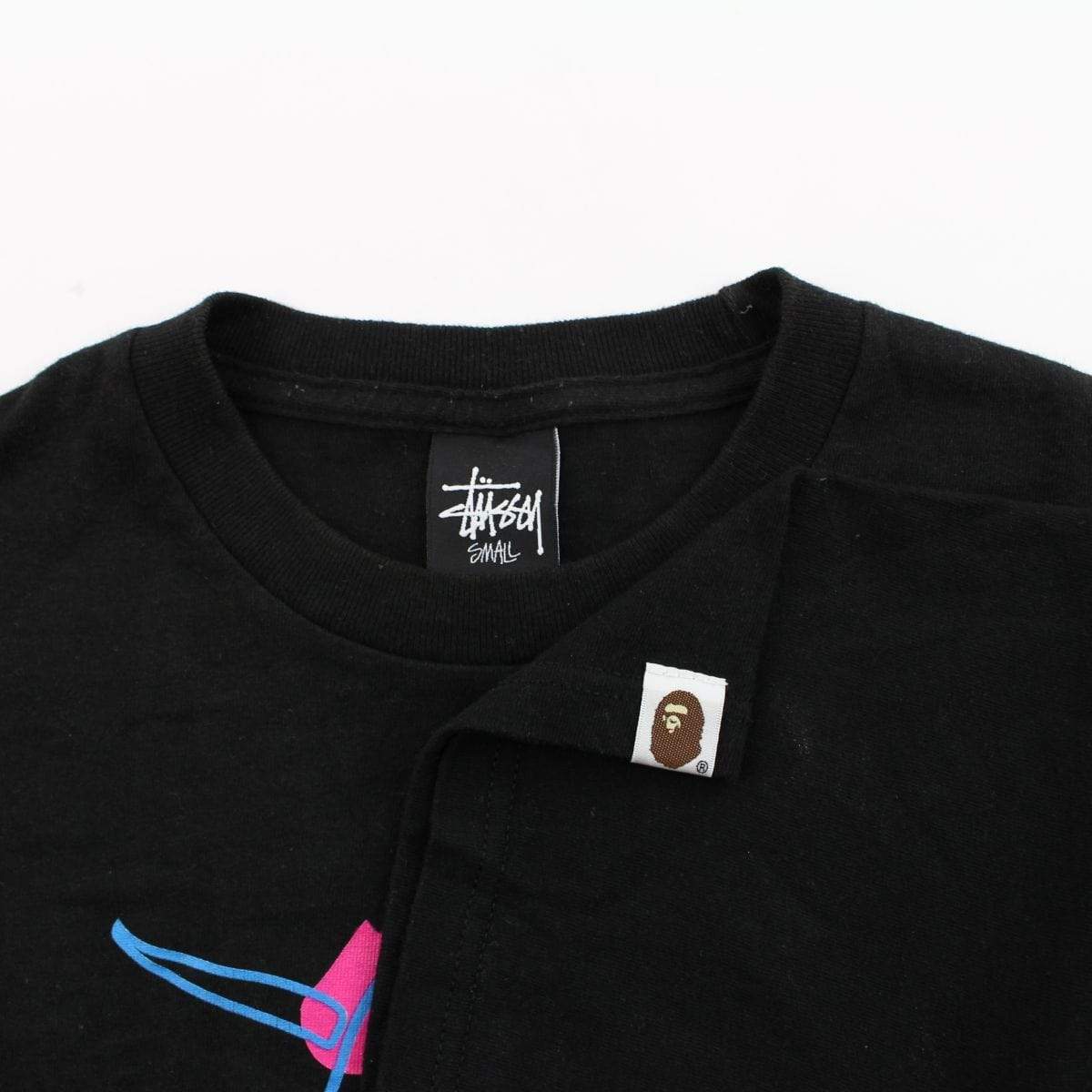 Bape Stussy Pink Blue Text Tee Black - SaruGeneral