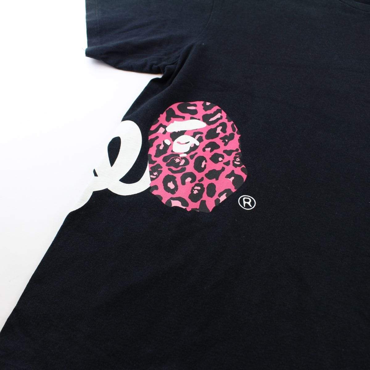 Bape Text Side Pink Leopard Print Logo Tee Black - SaruGeneral