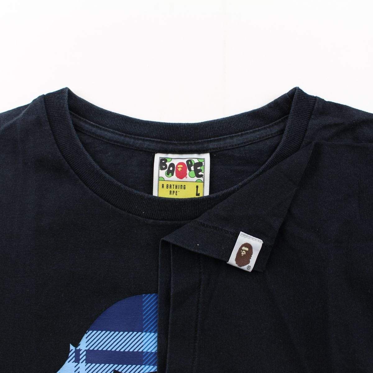 Bape Blue tartan Big Ape Logo Tee Black - SaruGeneral