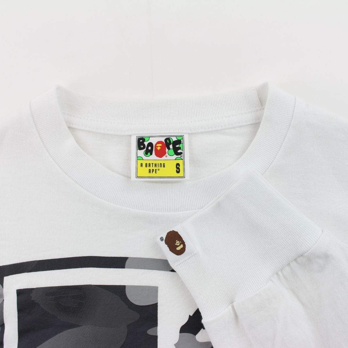 Bape Grey Camo Ape Text Square Logo LS White - SaruGeneral