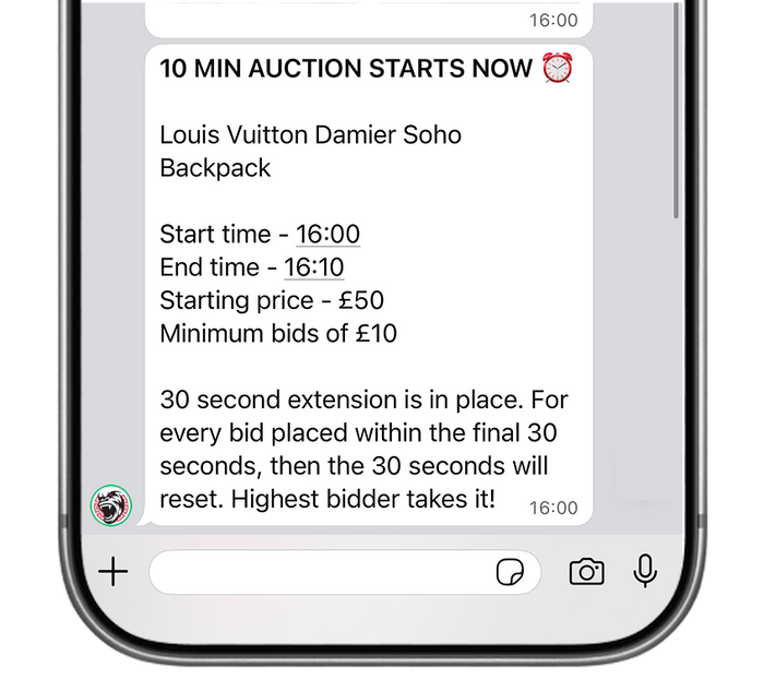 Auction time gets announced in the group chat