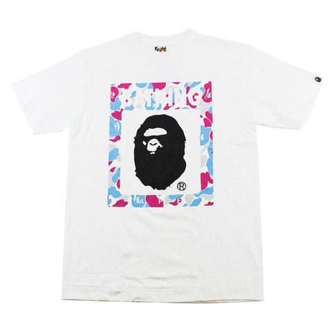 Bape Pink & Blue Camo Box Ape Logo Tee White