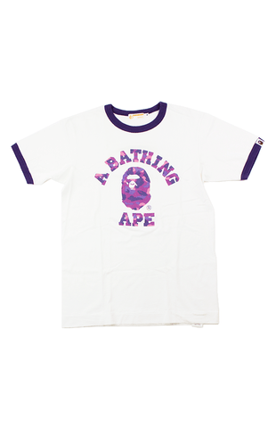 T-shirt à revers violet BAPE avec logo universitaire camouflage violet et blanc