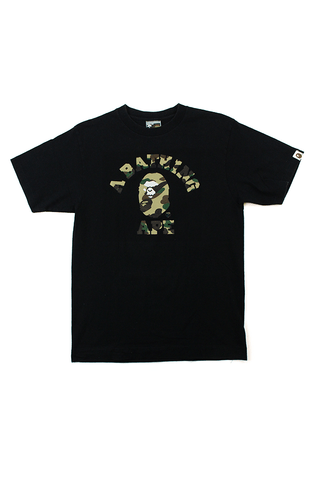 Bape 1st Green Camo Angry Face College Logo Tee Black