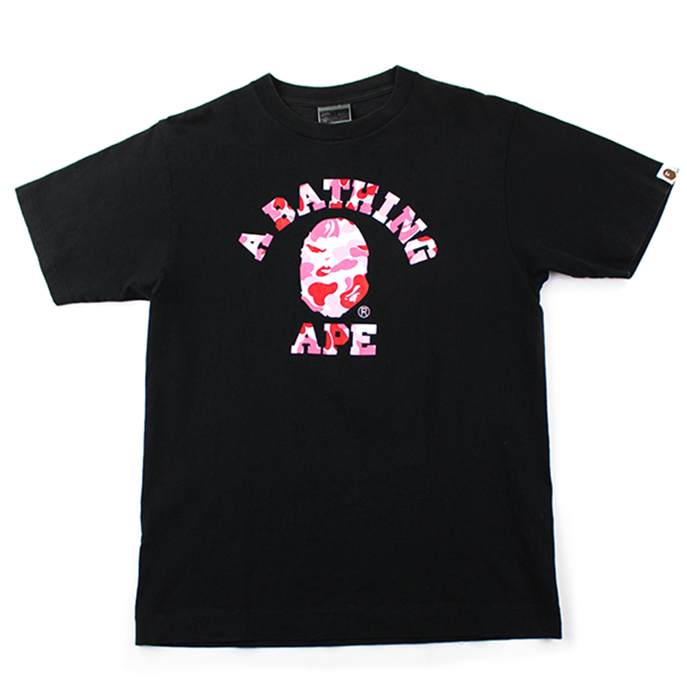 Bape ABC Pink Camo Angry Face College Logo Tee Black - SaruGeneral
