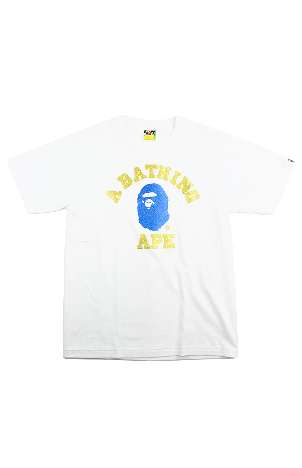 Bape Blue Gold Glitter College Logo Tee White - SaruGeneral