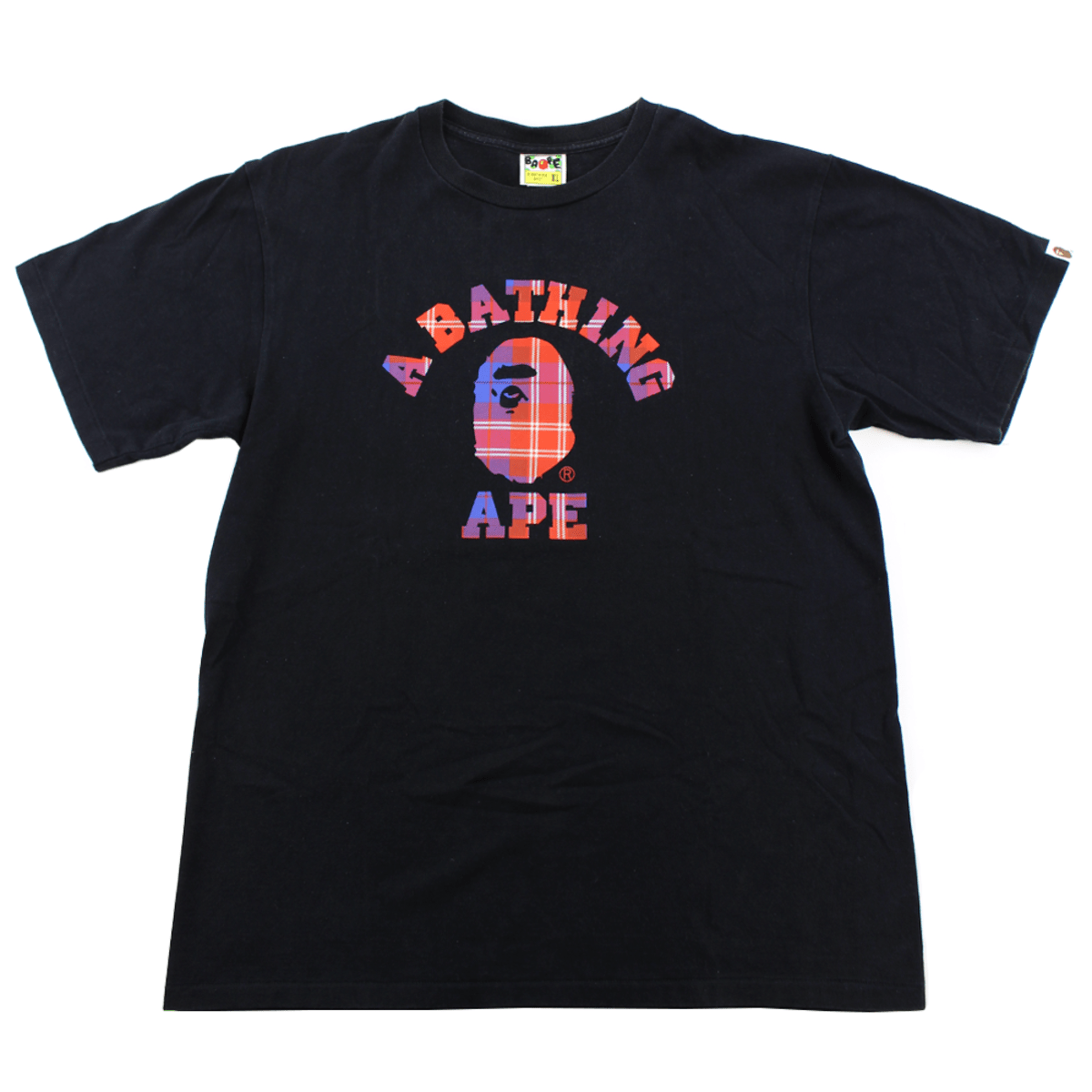 Bape Blue Red Plaid College logo Tee Black - SaruGeneral