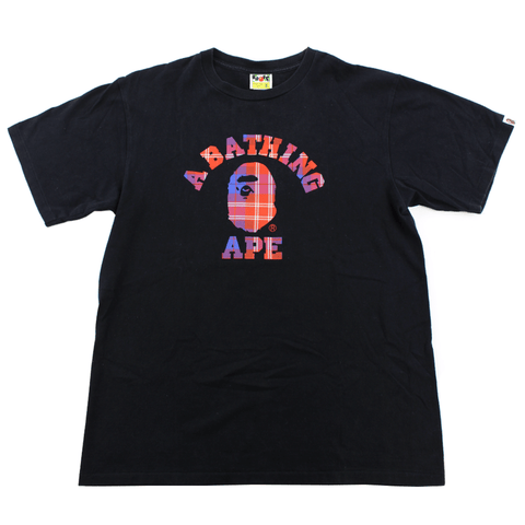 Bape Blue Red Plaid College logo Tee Black