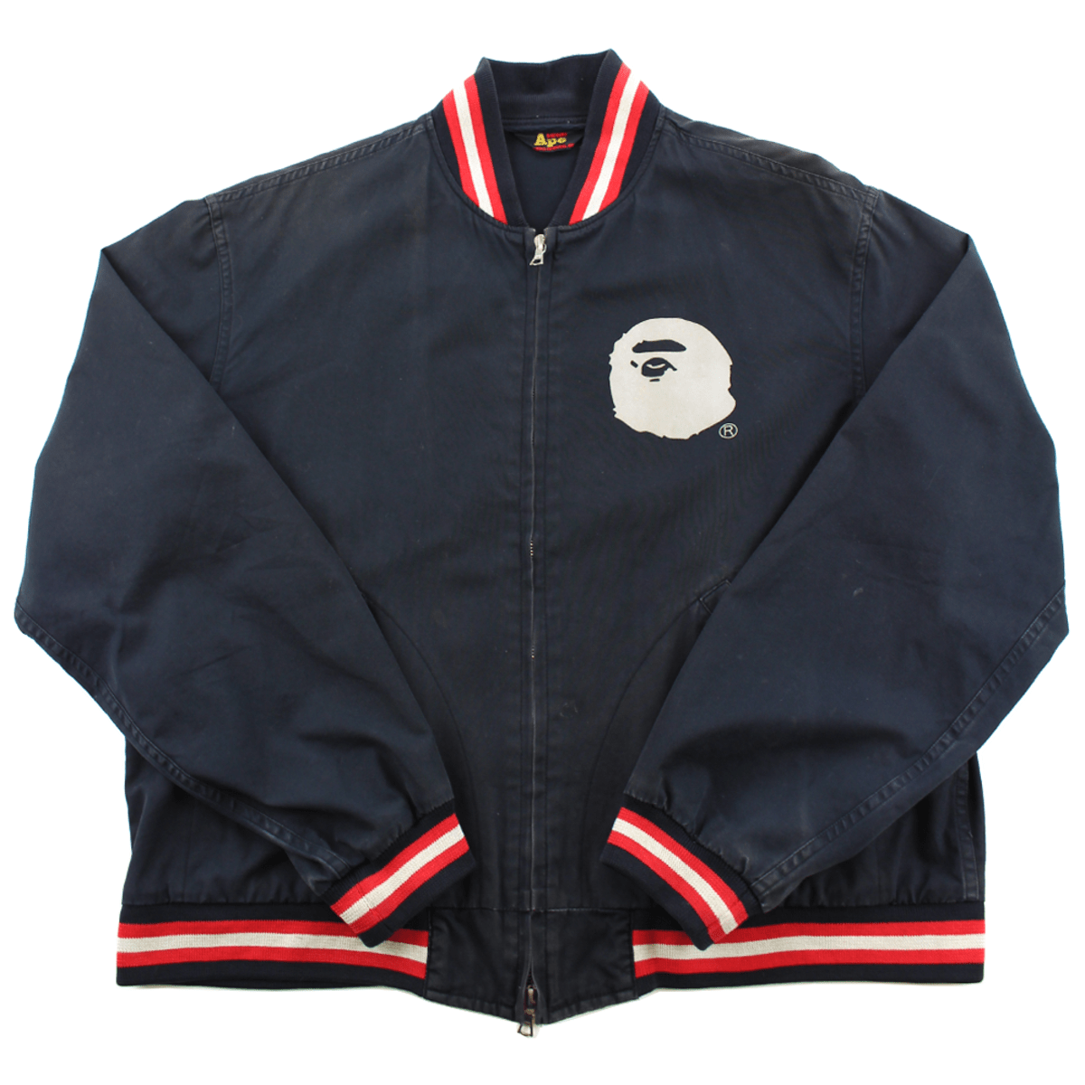 Bape Silver Big Ape Logo Bomber Jacket Navy Red White Trim - SaruGeneral