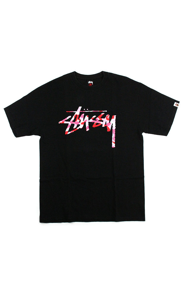 Bape x Stussy ABC Pink Camo 30th Anni Tee Black - SaruGeneral