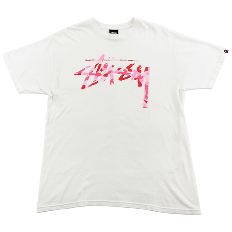 Bape x Stussy ABC Pink Camo 30th Anni Tee White