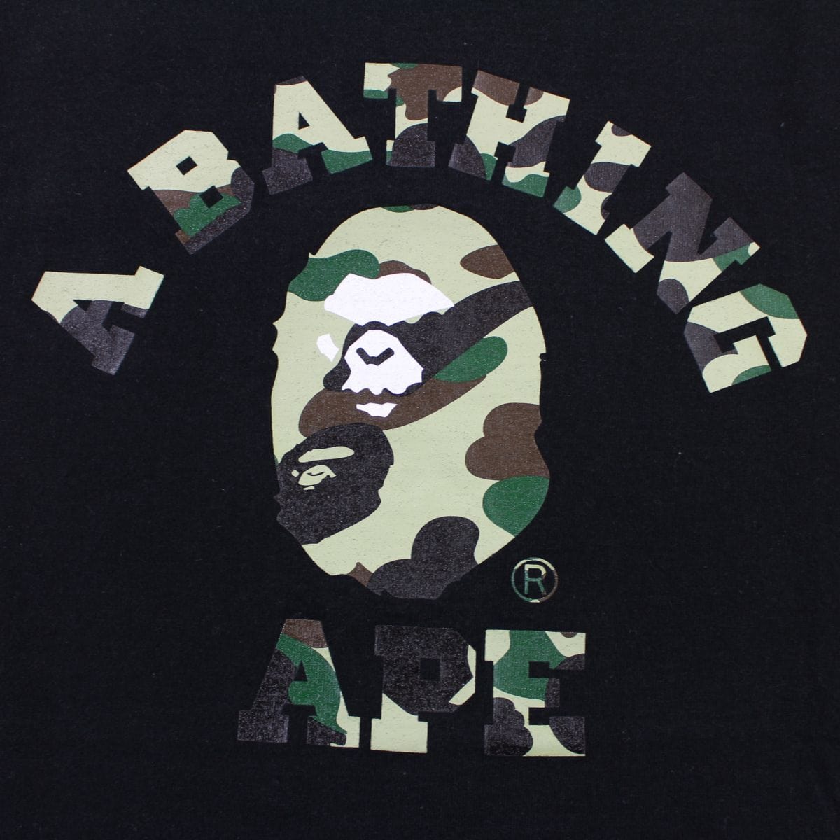 Bape 1st Green Camo Angry Face College Logo Tee Black - SaruGeneral
