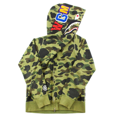Sweat à capuche Bape 1st Green Camo entièrement zippé avec motif requin