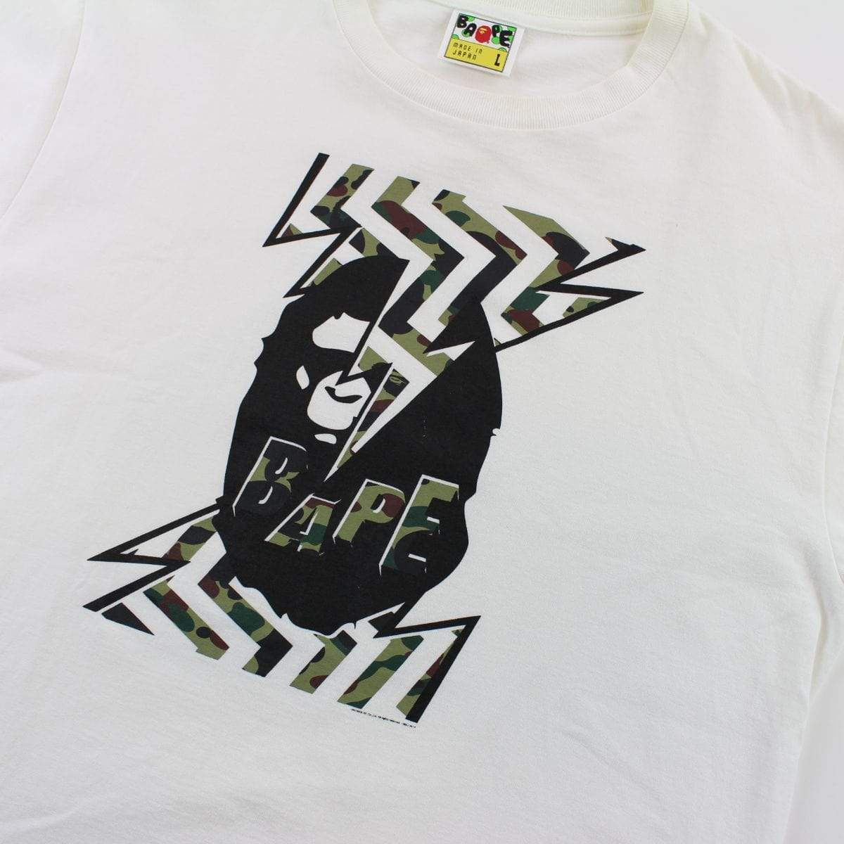 Bape 1st Green Camo Lightning Big Ape Logo Tee White - SaruGeneral
