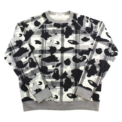 Pull ras du cou Bape gris camouflage et à carreaux