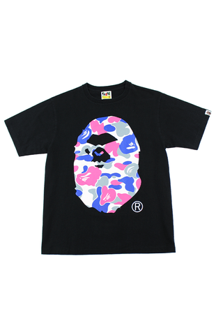T-shirt Bape bleu rose camouflage avec logo Big Ape et visage en colère, noir