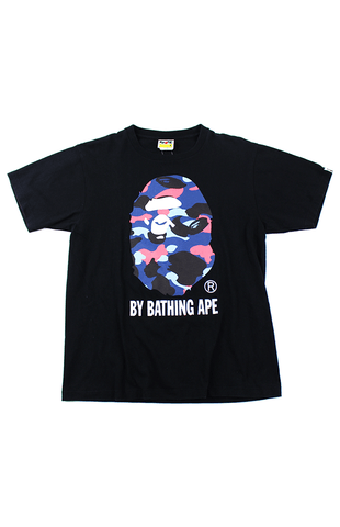 T-shirt Bape bleu rose camouflage Big Ape avec logo noir