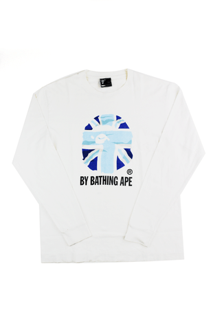 T-shirt à manches longues Bape bleu avec logo Union Jack Big Ape blanc
