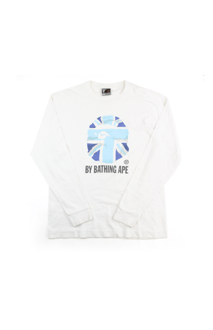 Bape Bleu Union Jack Big Ape Logo LS Blanc