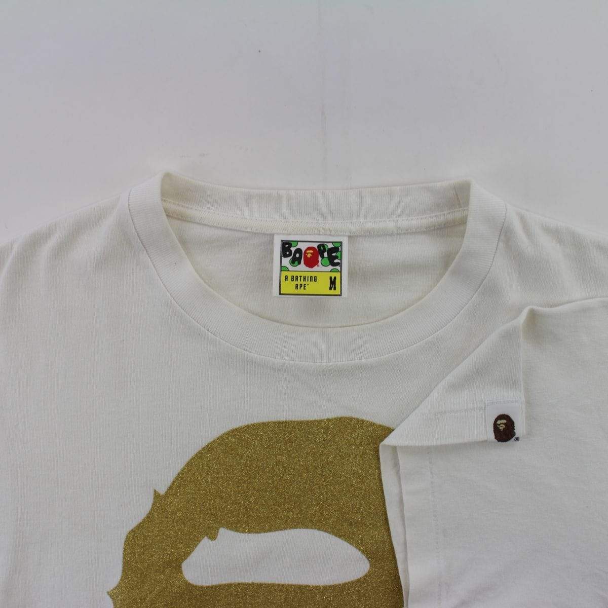 Bape Gold Glitter Big Ape Logo Tee White - SaruGeneral