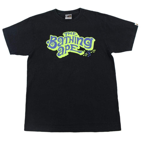 T-shirt Bape vert et bleu avec texte notes de musique noir