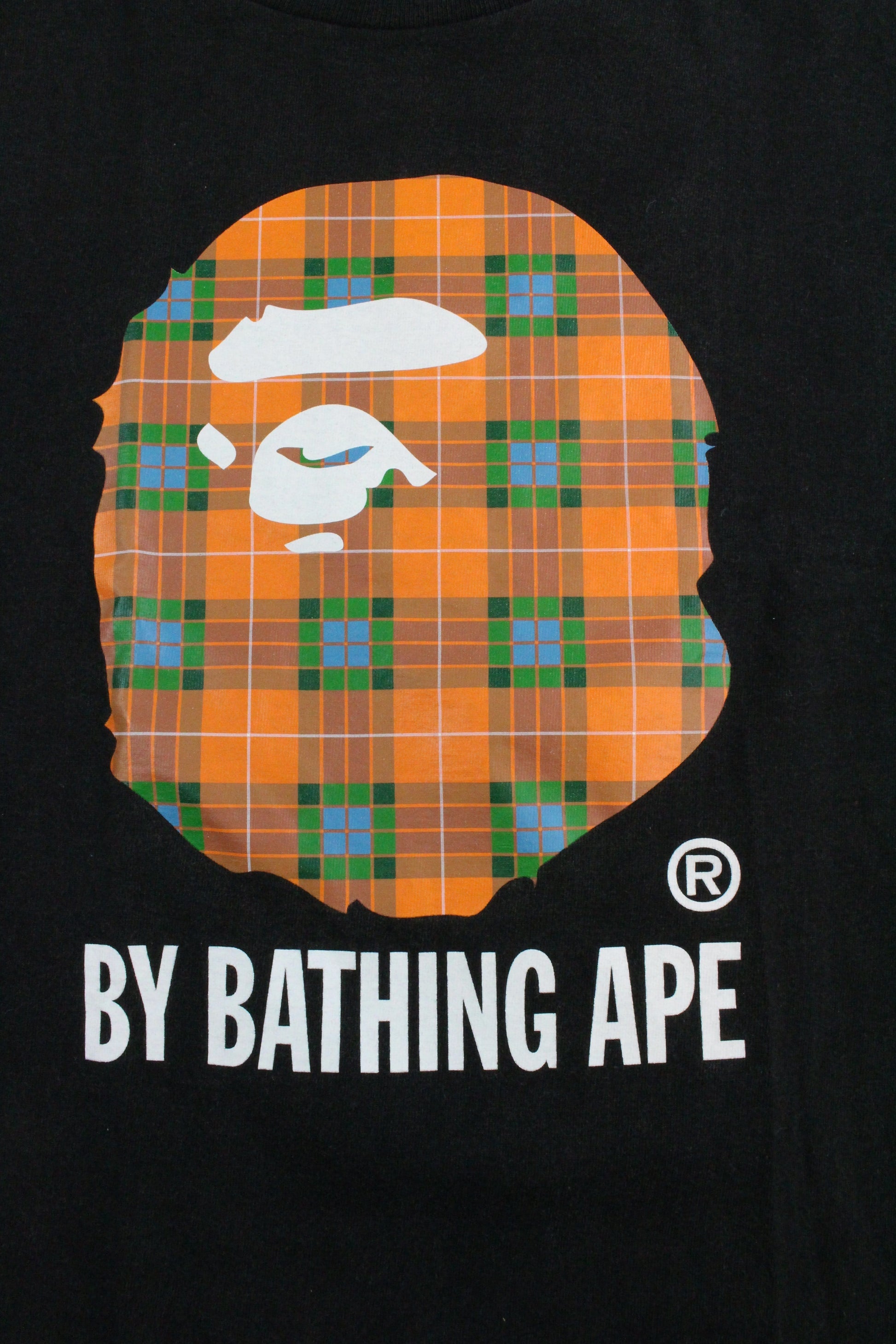Bape Orange/Green Plaid Big Ape Logo Tee Black - SaruGeneral