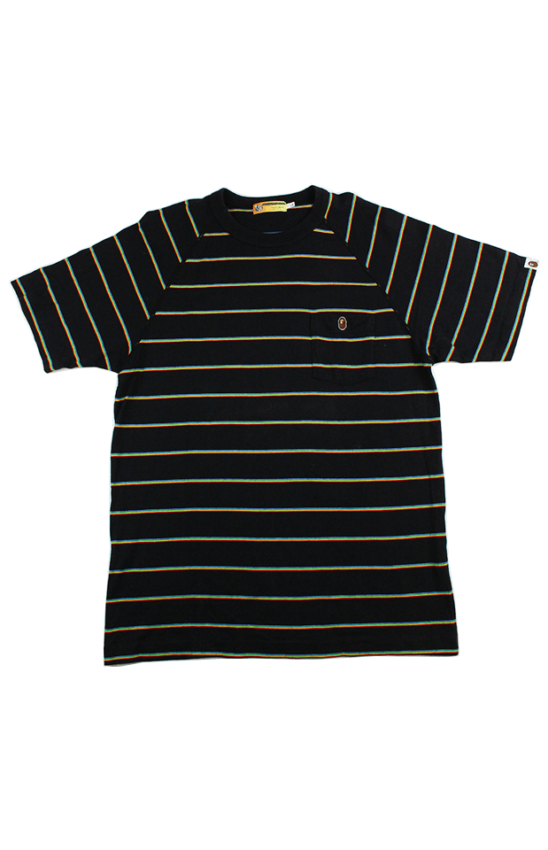 Bape Point Head Logo Coloured Stripes Tee Black - SaruGeneral