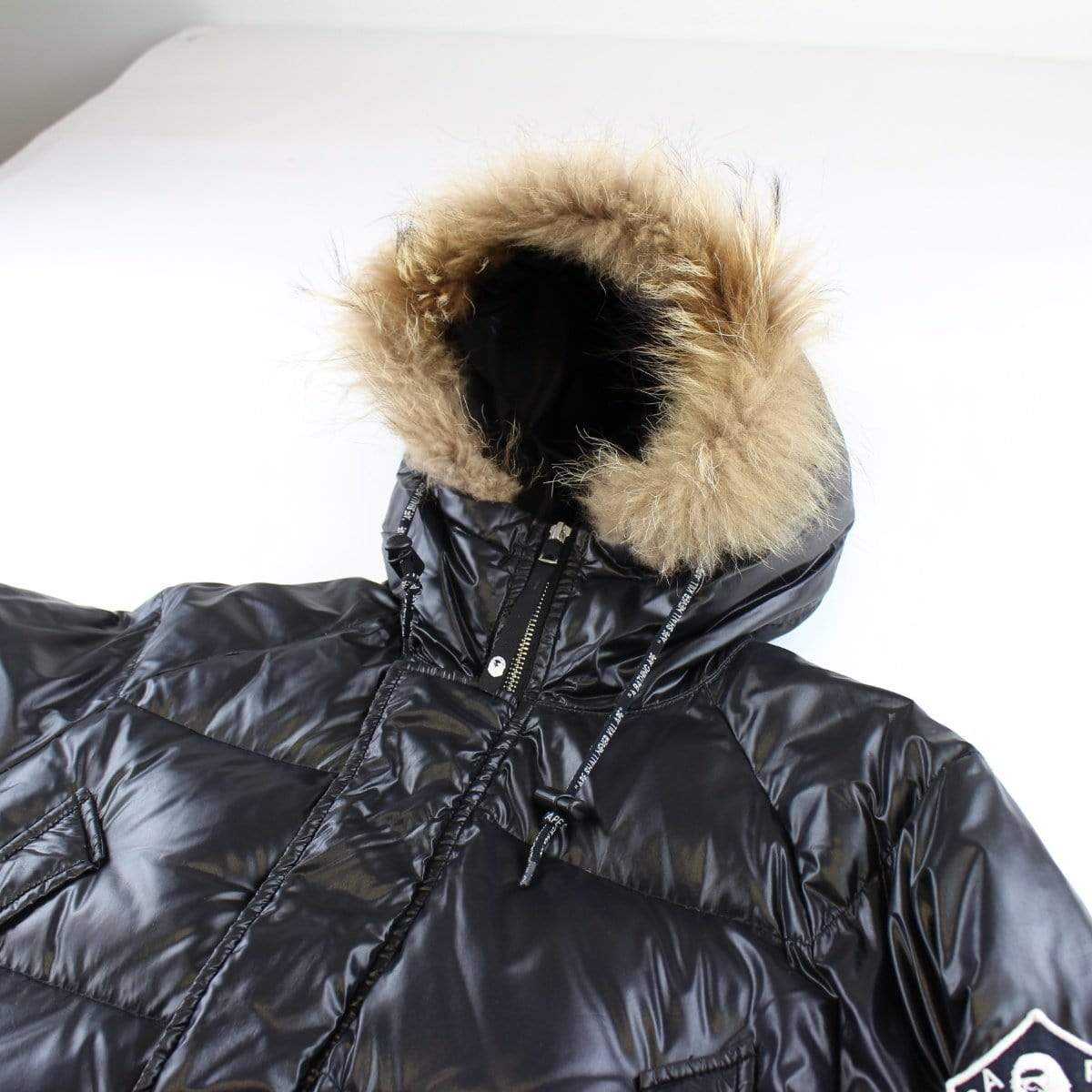 Bape Shiny Puffer Jacket Fur Hood Black - SaruGeneral