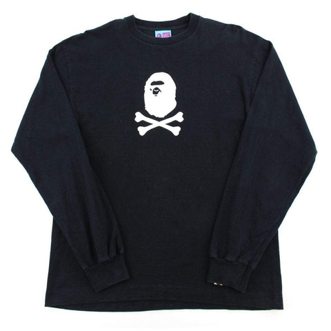 Bape White Ape Head Crossbones Logo LS Noir