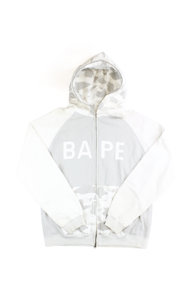 Bape White Camo Full Zip Text Hoodie - SaruGeneral