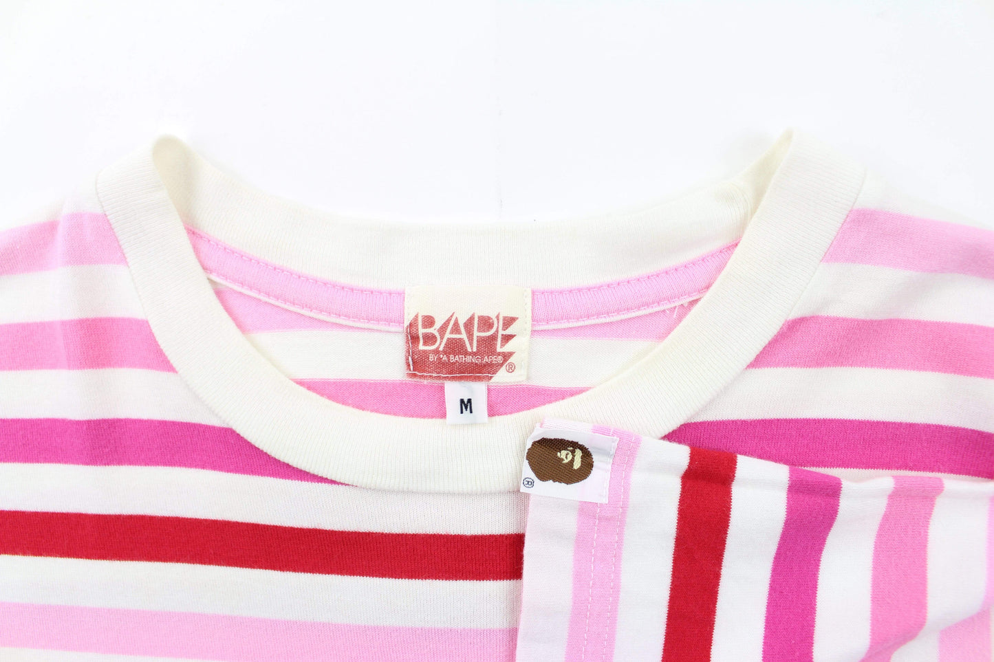 Bape White College Logo Pink Striped Tee - SaruGeneral