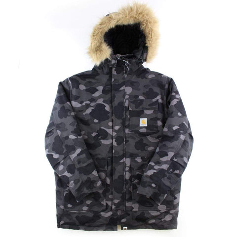 Parka en duvet et fourrure camouflage noire Bape x Carhartt
