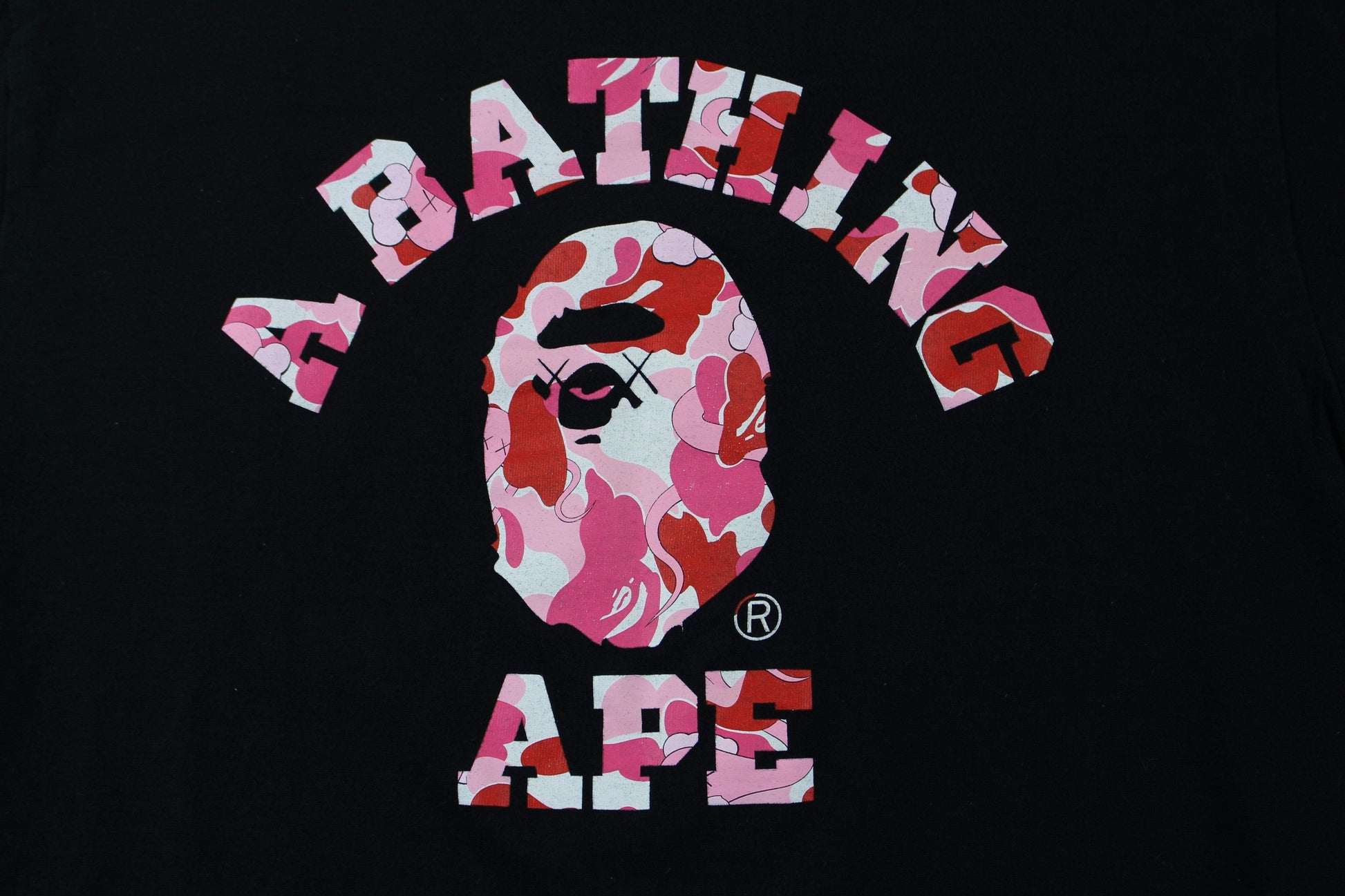 Bape x Kaws ABC Pink Camo College Logo Tee Black - SaruGeneral